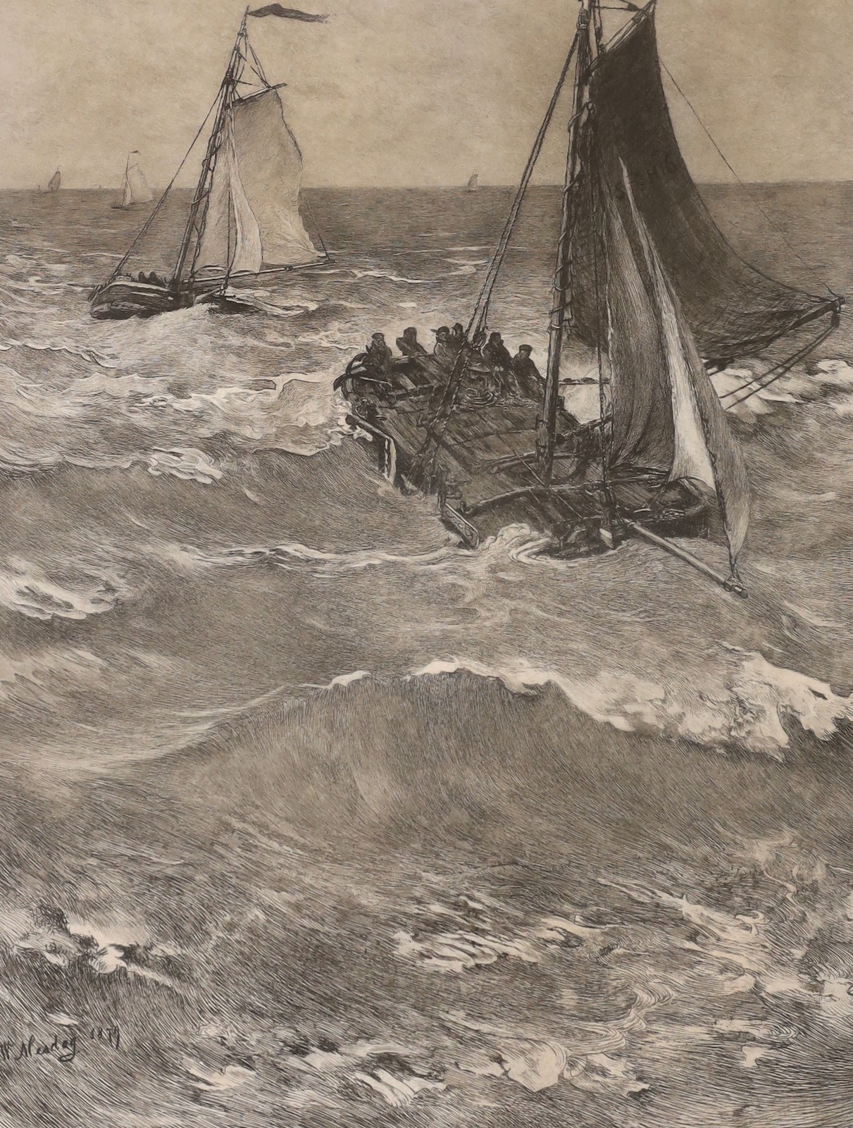After, Hendrik Willem Mesdag, engraving, Scheveningen boats in the surf, signed Carel L. outside the plate, published by Roeloffzen & Hübner, Amsterdam, 68 x 53cm